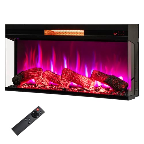 SIMOE 36 Inch 3 Side Glass Electric Fireplace, Recessed Fireplace Insert with Remote Control, 8-Color Flame, Adjustable Brightness, Freestanding Fireplace w/ 9H Timer, Thermostat, Overheat Protection SIMOE