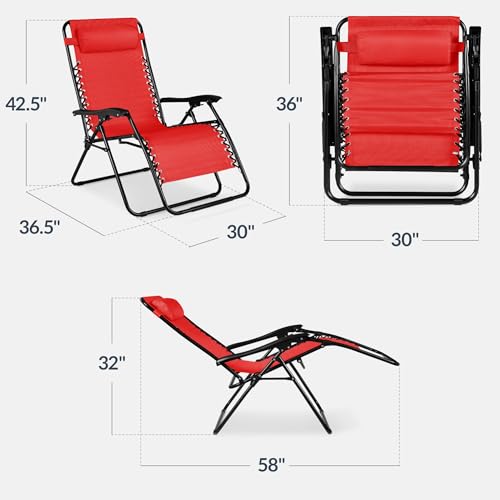 Best Choice Products Set of 2 Extra Wide Adjustable Steel Mesh Zero Gravity Lounge Chair Recliners w/Pillows and Cup Holder Trays - Crimson Red