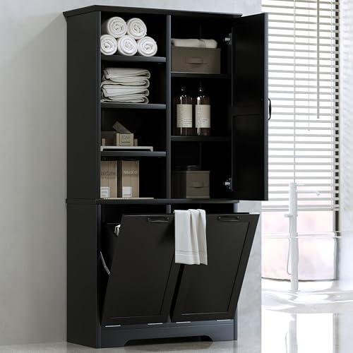 Merax Cabinet with Tilt-Out Laundry Hamper Basket, Tall Bathroom Storage Organizer Linen with Open Shelf for Home, Freestanding, Black Merax