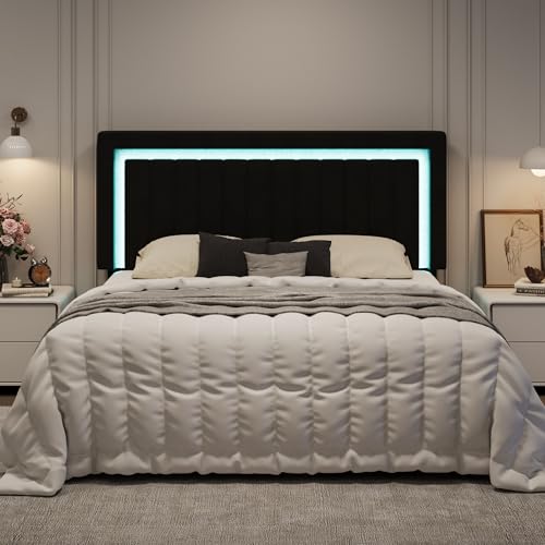 SHA CERLIN King Size Velvet Bed Frame with LED Light, Adjustable Vertical Channel Tufted Headboard, Strong Wooden Slats Support, Noise-Free, No Box Spring Needed, Black SHA CERLIN