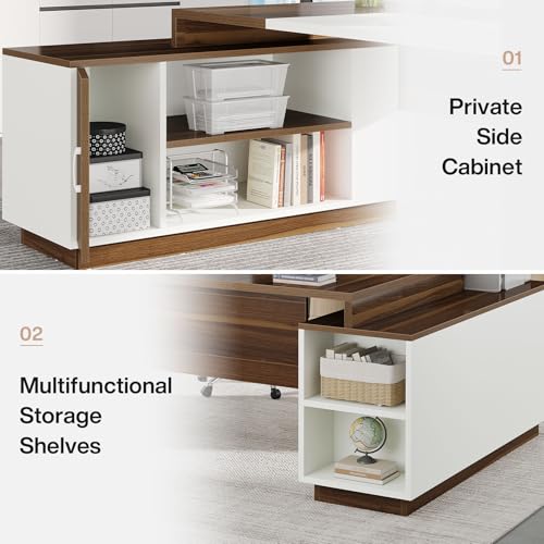 Tribesigns L-Shaped Executive Office Desk, 70.5-Inch Mid-Century Modern Executive Desk with Storage Cabinet and Shelves, Large Computer Desk for Home Office, Brown + White Tribesigns
