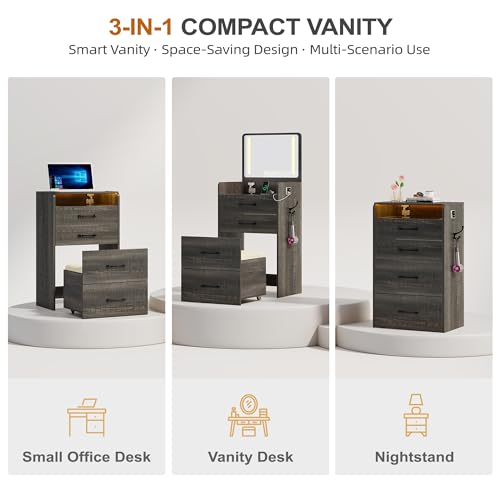 Lvifur 3 in 1 Vanity Desk with Flip Top Mirror and Lights,Glass Top Compact Vanity with 3Drawers &Rolling Stool, Modern Small Makeup Vanity Table w/Charging Station,Bedroom,Rustic Oak Lvifur