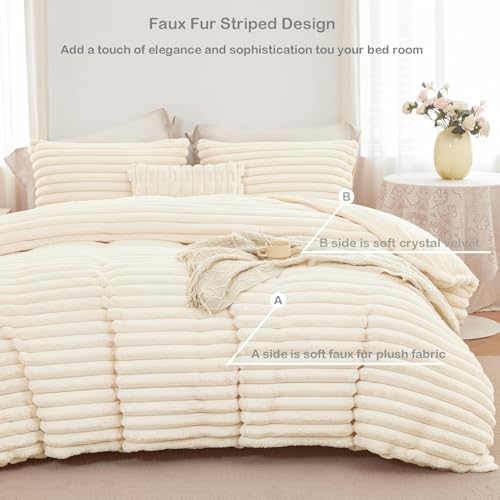 ANGIYUIN 3 Pieces Cream Fluffy Girls Duvet Cover Set Twin Beige Faux Fur Stripe Comforter Cover Luxury Fuzzy Bedding Cover Set for Kids Teens 1 Duvet Cover with 2 Pillowcases(Cream Twin) ANGIYUIN