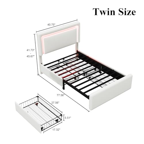 LoVinson Twin Size Bed Frame with 4 Storage Drawers, Charging Station and LED Light, Adjustable Upholstered Headboard, Noise-Free, No Box Spring Needed, Easy Assembly, White LoVinson