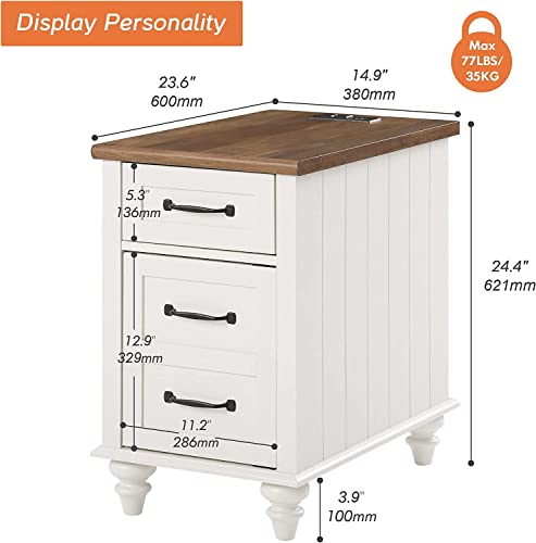 WAMPAT 2 Pack White End Table with Charging Station, Wood Side Sofa Table with Drawer and Storage Cabinet, Modern Nightstand with Power Outlets & USB Ports for Living Room, Bedroom WAMPAT
