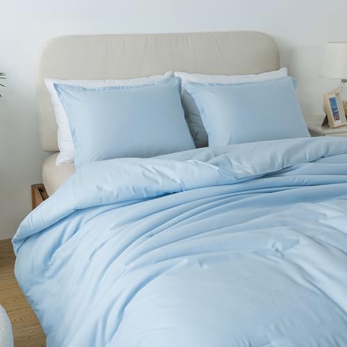 Caressma Full Size Light Blue Comforter Set 3 Pieces, Lightweight Down Alternative Soft Boho Bedding Comforter Set, Breathable Fluffy Microfiber Skin-Friendly Comforter for All Seasons Caressma