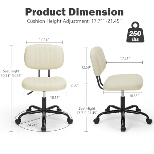 DUMOS Small Armless Home Desk Executive Chair with Low Back Lumbar Support, Height Adjustable PU Leather Computer Office Chair with 360° Swivel Wheels for Kids and Adults, Beige DUMOS