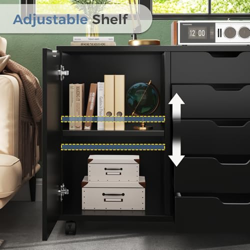 DUMOS 5 Drawer File Cabinet Office Drawers Organizer with Wheels Rolliing, Under Desk Cabinets with Shelves and Door Printer Stand with Wood Board Metal Frame for Home Office Storage Craft Room, Black DUMOS
