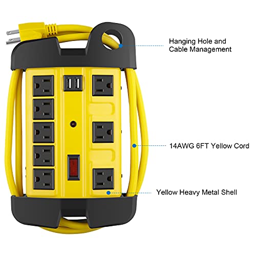 Heavy Duty Power Strip with USB, Workshop 8 Outlet Surge Protector 2700 Joules, Industrial Metal 15Amp Power Strip, 6FT Extension Cord and Wide Spaced. Yellow CCCEI