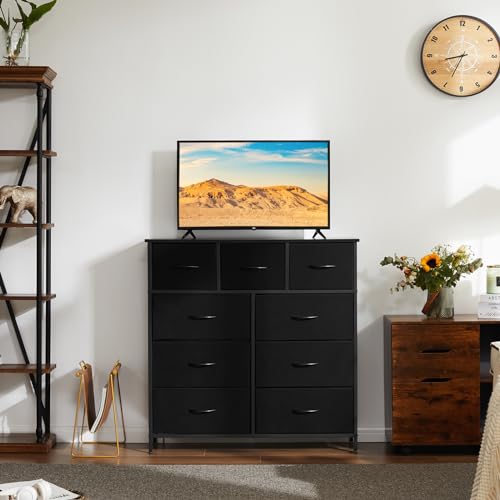 Atilioo Dresser for Bedroom with 9 Drawers, Anti-Tip Tall Fabric Chests Storage Organizer Tower Furniture with Wooden Top Metal Frame for Clothes, Closet, Living Room, Hallway, Entryway Atilioo