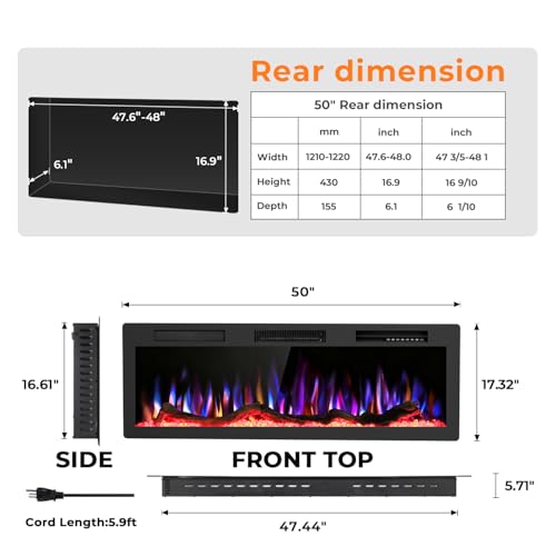 R.W.FLAME 50" Recessed and Wall Mounted Smart Electric Fireplace, Alexa/WiFi Enabled, APP Control with Multiple Sound Modes, Remote Control with Timer, Adjustable Flame Colors and Speed R.W.FLAME
