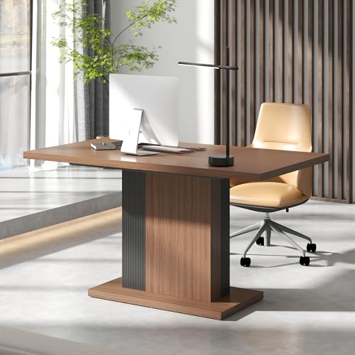 Manora 55" Modern Farmhouse Dining Table for 6 People, Rectangular Kitchen & Dining Room Wood Table with Pedestal Base, Walnut Finish Manora