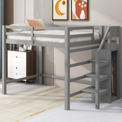 Full Size Loft Bed with Stairs and Built-in Storage Wardrobe, Wood Loft Bed Frame with Storage Shelves and Hanging Rod Gray Loft Beds for Kids Boys Girls Adults Teens Dorm Bedroom Bellemave