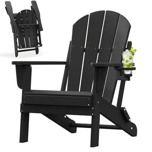 Folding Adirondack Chair with Cup Holder, Poly Lumber Patio Chairs, Wood Texture, Pre-Assembled Weather Resistant Outdoor Chairs for Pool, Deck, Backyard, Garden, Fire Pit Seating, Black POLYDUN