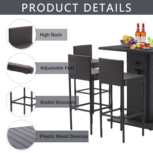 Koruiten 5-Piece Outdoor Wicker Bar Set with Built-in Bottle Opener and Hidden Storage - Brown Koruiten