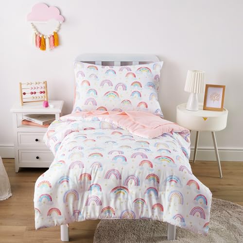 Wake In Cloud - Rainbow Toddler Bedding Set for Girls, Cute Colorful Pastel Rainbow with Clouds, 4 Pieces Soft Crib Bed Set Including Comforter, Sheets and Pillowcase, White Pink Wake In Cloud