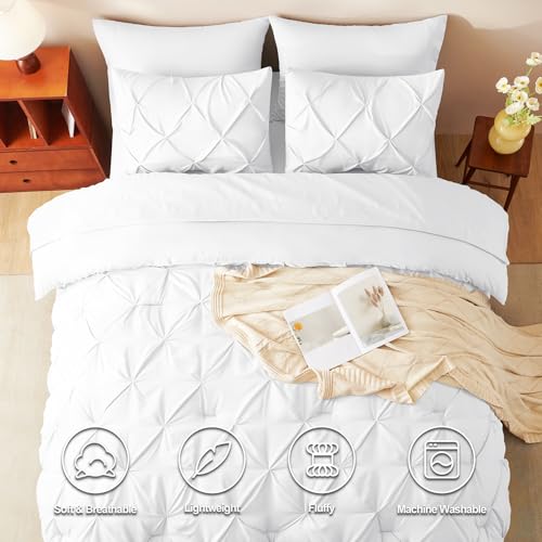 CozyLux King Size Comforter Set White, 7 Pieces Pintuck Bed in A Bag White Comforter King Size, Pinch Pleat Bedding Set with All Season Comforter, Sheets, Pillowcases & Shams CozyLux