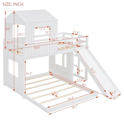 Harper & Bright Designs House Floor Bunk Beds with Slide, Wooden Twin Over Full Bunk Beds with Slide, Roof and Guard Rail for Kids, Teens, No Box Spring Needed (White, Twin Over Full Size) Harper & Bright Designs