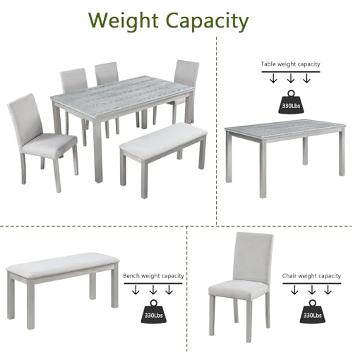 Ball & Cast 6 Piece Dining Table Set,Kitchen Table Set for 6 W/ 58.5" Rectangular Wooden Dining Table,Living Room Furniture W/ 4 Upholstered Chairs & 1 Bench,for Dining Room,Kitchen,Silver Grey Ball & Cast