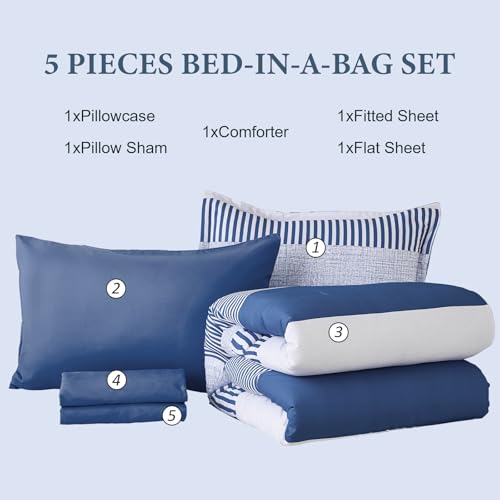 Cottolester Twin Size Comforter Navy Blue Striped Comforters for Boys&Girls,7 Pieces Bed in A Bag Simple Neutral-Style Bedding Sets for Kids Teen Cottolester