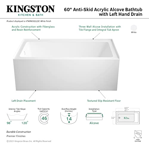 Aqua Eden VTAP6032L22C 60-Inch Anti-Skid Acrylic 3-Wall Alcove Tub with Left Hand Drain Hole, White Kingston Brass