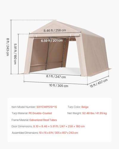 VEVOR 10 × 15 ft Outdoor Storage Shed Tent with Heavy-Duty Steel Frame, 2 Roll-Up Doors & Air Vents, Waterproof Portable Garage Carport Shelter for Motorcycle, Lawn Mower, Garden Tools – Beige VEVOR