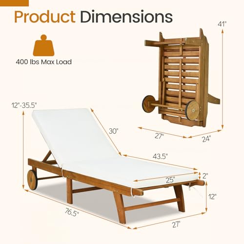 Tangkula Folding Lounge Chair Outdoor, Patio Eucalyptus Wood Chaise Lounge with 5-Level Adjustable Backrest & Cushions, Portable Beach Pool Sunbathing Recliner with Wheels for Outside (1,Off White)