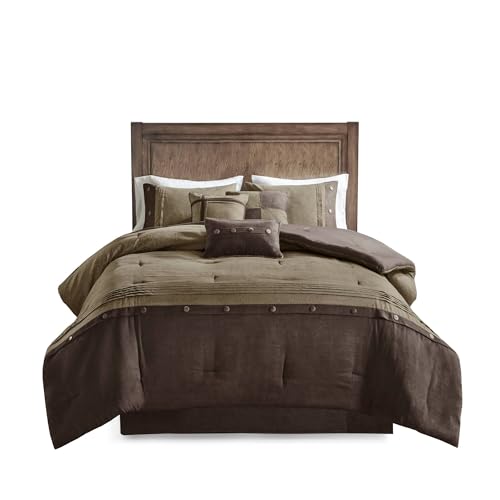 Madison Park Boone Cozy Comforter Set, Faux Suede, Deluxe Hotel Styling All Season Down Alternative Bedding Matching Shams, Decorative Pillow, King (104 in x 92 in), Rustic Brown 7 Piece Madison Park