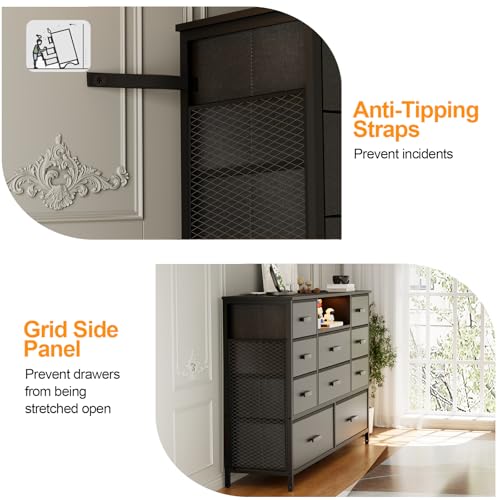 Harpaq Dresser with Charging Station, Black Dresser for Bedroom with 10 Drawers, TV Stand Dresser with LED Light for 55" TV, Fabric Drawer Dresser with PU Finish, Chest Dresser for Bedroom, Closet Harpaq