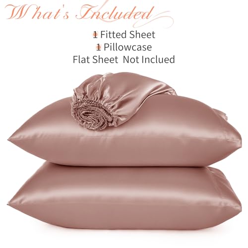 NSGZ 2 Pcs Satin Fitted Sheet and Pillowcase Set, Twin Silky Bottom Bedsheet Fit up to 15 Inch Deep Pocket Mattress, Champagne Soft Satin Bedding Includes 1 Fitted Sheet and 1 Pillowcases NSGZ