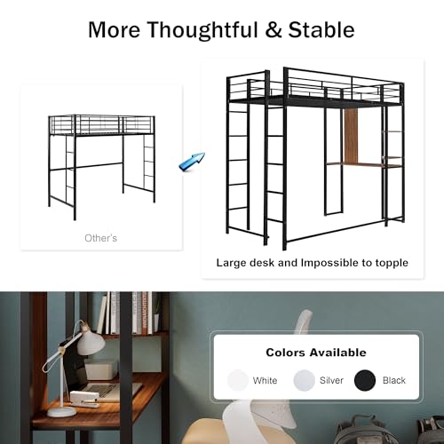 Merax Twin Metal Loft Bed with 2 Shelves and one Desk,Loft Bed Frame with 2 Built-in Laddersl,Noise Free,No Box Spring Neede,Black Merax