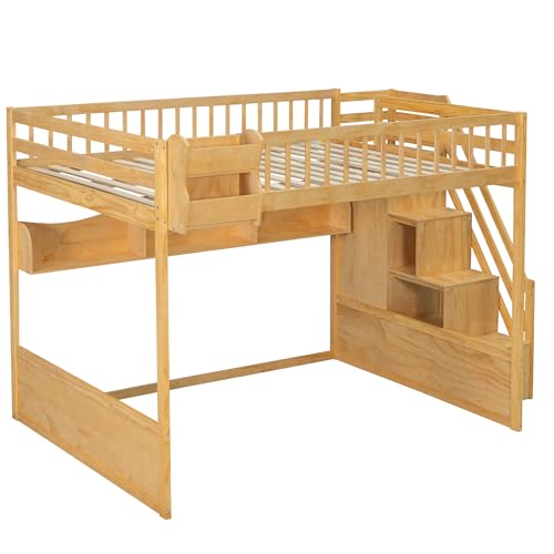 Queen Size Wooden Loft Bed with Storage Stairs, Solid Wood Loft Beds Adults with Storage Shelves and Wardrobe, Under-bed Space, for Teens Kids, No Box Spring Needed, No Noise, Natural Harper & Bright Designs
