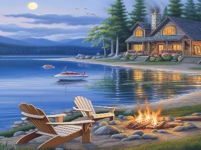 SKRYUIE 5D Lakeside Chair Diamond Painting Kits - DIY Diamond Art Kits for Adults Landscape, Full Round Drill - Crystal Cross Stitch - Adults Craft for Wall & Office Decor - 12x16inch SKRYUIE