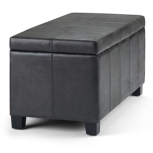 SIMPLIHOME Dover 36 inch Wide Rectangle Lift Top Storage Ottoman Bench in Upholstered Distressed Black Faux Leather, Footrest Stool, Coffee Table for the Living Room, Bedroom and Kids Room SIMPLIHOME