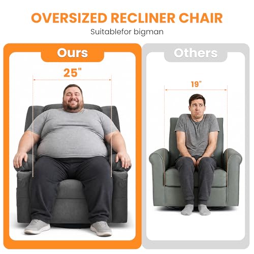 Oversized Recliner Chair with Massage and Heat for Adults, 360° Swivel Rocking Recliner, Big Seat Living Room Chair with Ergonomic Design, Cup Holders and Side Pockets