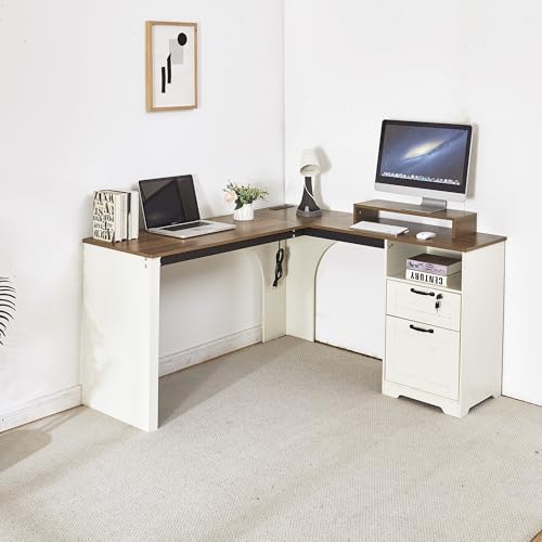 LayBurst 55" Farmhouse L-Shaped Desk with Lift Top,Movable Monitor Stand,L Shaped Standing Office Desk with Lockable Drawer & Adjustable File Drawer,Lift Top Computer Desk with Power Outlets LayBurst