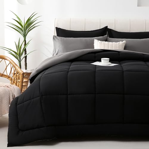 DOWNCOOL Full Size Comforter Sets, 7Pcs Full Size Bedding Sets Black/Grey, All Season Down Alternative Bedding Comforter Sets with Comforter, Flat Sheet, Fitted Sheet, 2 Pillow Shams & 2 Pillowcases DOWNCOOL