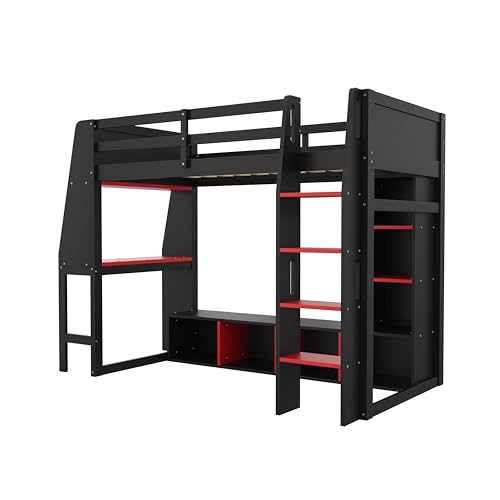 Wooden Gaming Loft Bed with Desk & Storage Shelves & Hanging Clothes Rack,Twin Size Loft Bed Frame with LED Light,Safety Guardrails and Ladder for Kids Teens Adults Room Use,No Box Spring Needed,Black Harper & Bright Designs