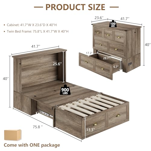 AMERLIFE Twin Size Murphy Bed, Farmhouse Wooden Cabinet with Charging Station and Storage Drawer for Bedroom/Office/Guest Room, Grey Oak AMERLIFE