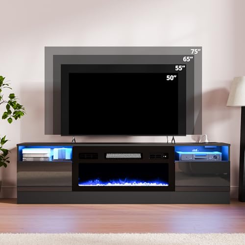 Cozy Castle Fireplace Tv Stand with 30”Electric Fireplace Up to 75" Tvs,LED High Gloss Modern Tv Stand for 65 70" Tv,Entertainment Center Tv Console with Storage,Charging Station for Living Room,Black Cozy Castle