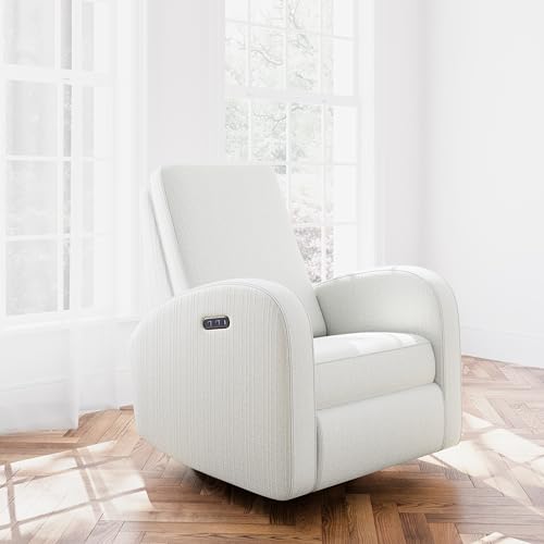 Storkcraft Santa Monica Power Recliner Swivel Glider (Ivory Basketweave) – Effortless Electronic Power Recline, USB-A & USB-C Charger Storkcraft