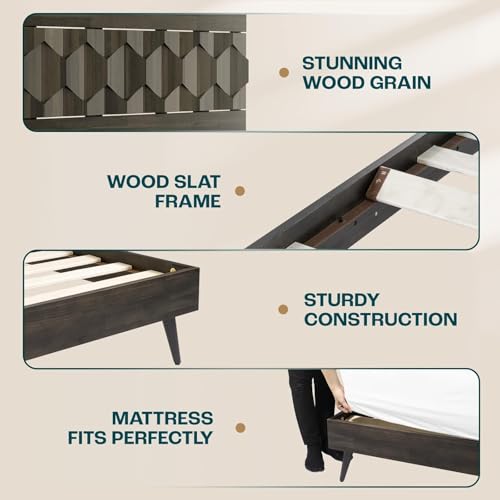 Oliver Queen Size Bed Frame - 15-Inch Mid Century Design with Rattan Headboard, Bohemian Style, No Box Spring Needed, Easy Assembly in Caramel Bme