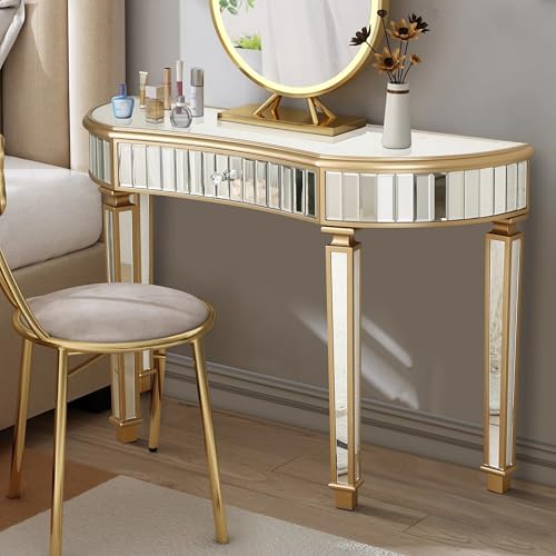 SSLine Mirror Console Table for Living Room 47" Half-Moon Mirrored Entryway Table with Fluted Glass & Crystal Knob Drawer Modern Luxury Gold Silver Mirror Foyer Tables for Hallway Entrance SSLine