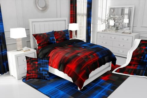 Feelyou Red Blue Bedding Set Twin Size Boys Girls Geometric Strip Lines Comforter Set for Kids Comforter Abstract Modern Duvet Set Room Decor Duvet Set with 1 Pillow Case Feelyou
