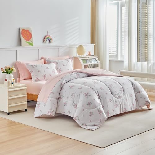 Joyreap 6pcs Bed in a Bag for Girls, Floral Pink Design, Twin Size Microfiber Comforter Sheet Set, Soft Cozy Bedding Comforter Set for All Season Joyreap