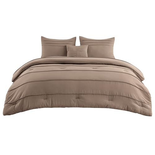 Bedsure Queen Comforter Set - 4 Pieces Pinch Pleat Bed Set, Brown Boho Bedding for All Season, 1 Soft Comforter, 2 Pillowcases, 1 Decorative Pillow Bedsure