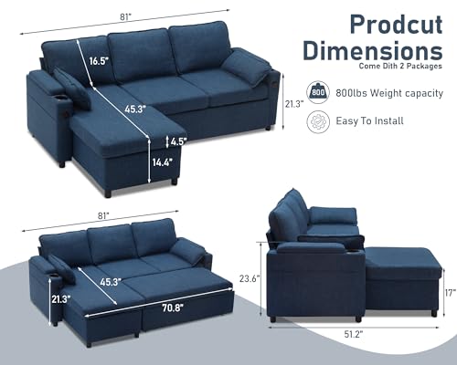 DURASPACE Sofa Bed Sleeper Pull Out 2 in 1 Sectional Sleeper Sofa Couches with Storage,USB, Cup Holder,Pullout Sectional Couches for Apartment Living Room (Blue) DURASPACE