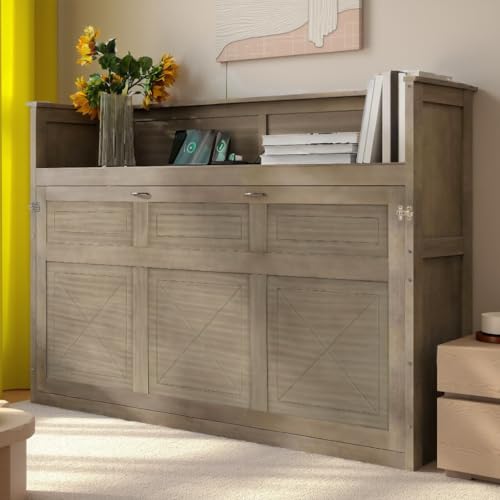 LUMISOL Twin XL Murphy Bed with Charging Station, Wood Murphy Cabinet Bed with Desk, Hidden Foldable Wall Bed Frame for Guestroom, Small Bedroom, Apartment, Grey Wash LUMISOL