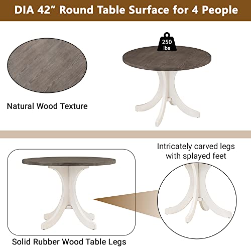 Merax Mid-Century 5-Piece Round Dining Table Set for 4, Solid Wood Kitchen Table with Upholstered Chairs for Small Spaces, Brown Table and Gray Chairs Merax