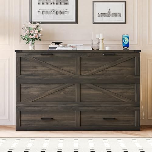 Queen Size Farmhouse Murphy Bed with Charging Station, Foldable Wood Wall Platform Bed Frame with Two Large Storage Drawers, Hideaway Bed for Small Bedroom, Study, Guest Room (Gray Wood, Queen)